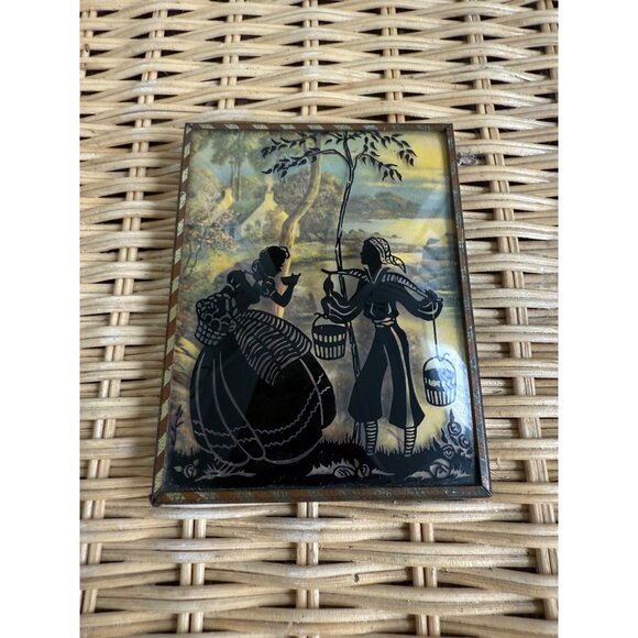 Vintage 40's MIni Reverse Painted Silhouette Victorian Couple Convex Picture - Picture 1 of 8